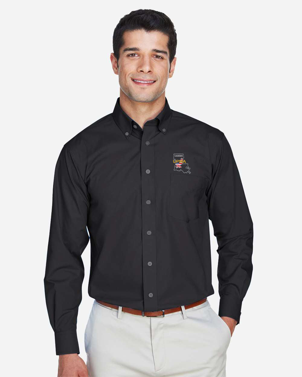 LOUISIANA Logo Embroidered Men's Crown Collection® Broadcloth Woven Dress Shirt