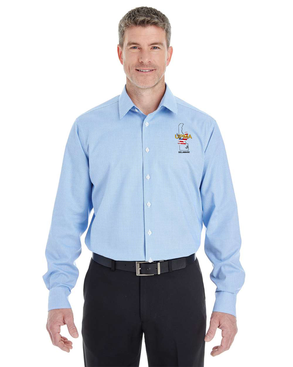 DELAWARE Logo Embroidered Men's Crown Collection® Broadcloth Woven Dress Shirt