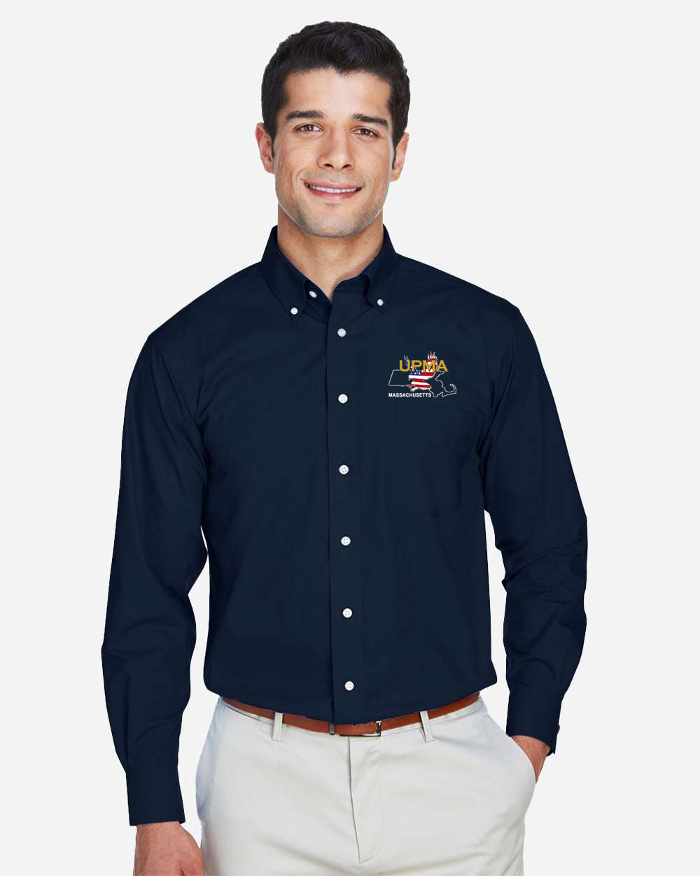 MASSACHUSETTS Logo Embroidered Men's Crown Collection® Broadcloth Woven Dress Shirt