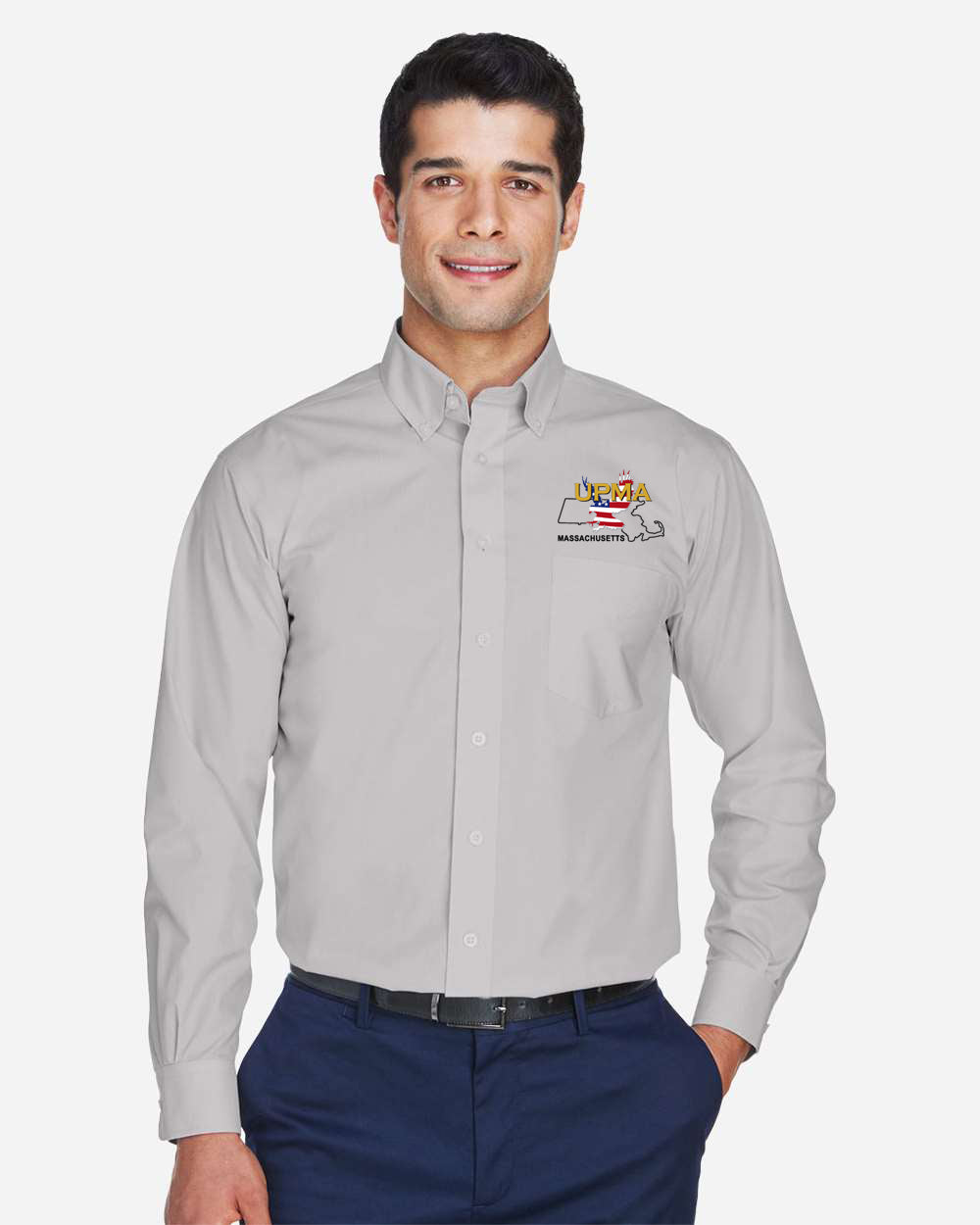 MASSACHUSETTS Logo Embroidered Men's Crown Collection® Broadcloth Woven Dress Shirt