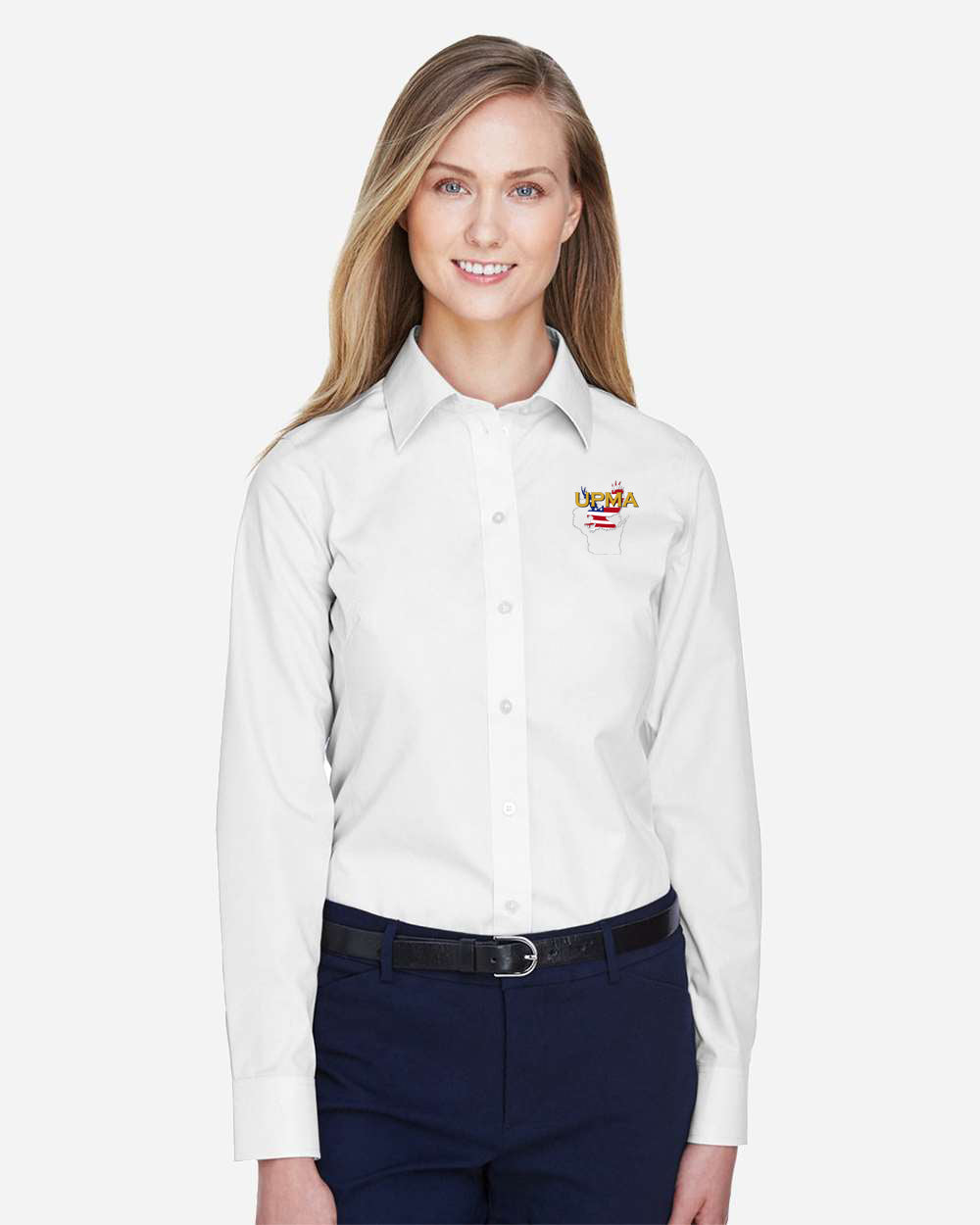 WISCONSIN Logo Embroidered Women's Crown Collection® Broadcloth Woven Dress Shirt