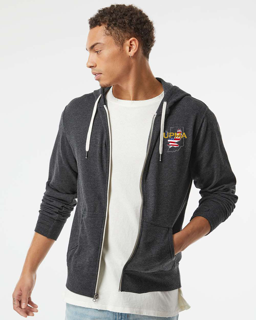 INDIANA Embroidered Heathered French Terry Full-Zip Hooded Sweatshirt