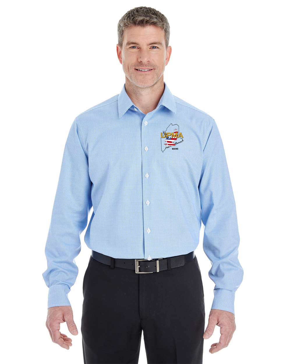 MAINE Logo Embroidered Men's Crown Collection® Broadcloth Woven Dress Shirt