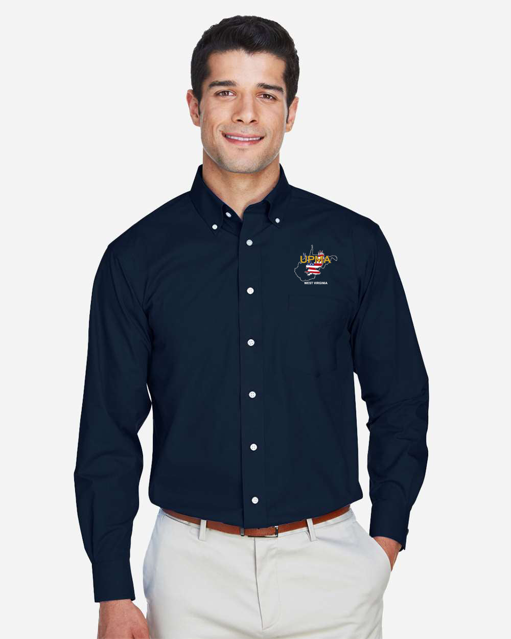 WEST VIRGINIA Logo Embroidered Men's Crown Collection® Broadcloth Woven Dress Shirt