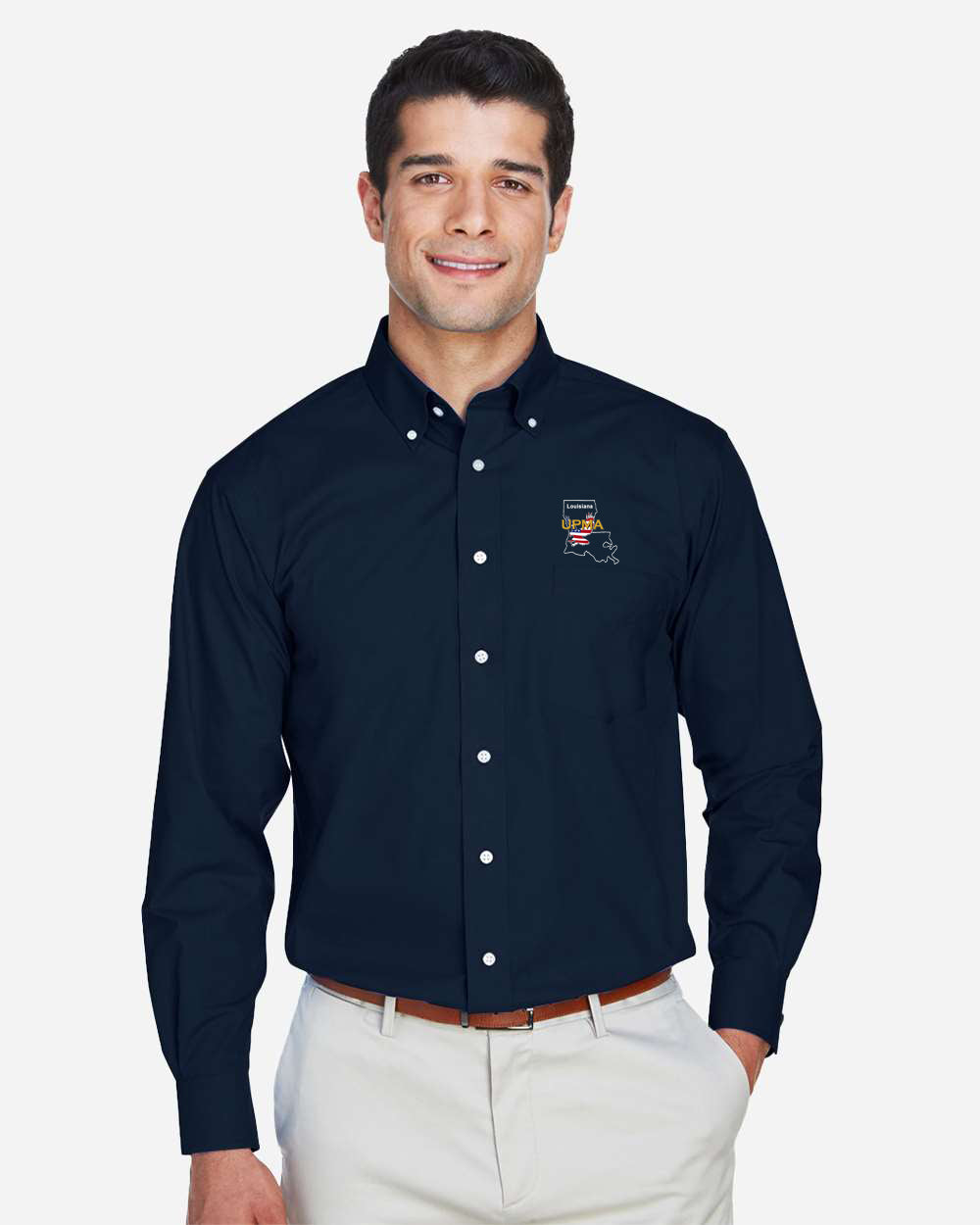 LOUISIANA Logo Embroidered Men's Crown Collection® Broadcloth Woven Dress Shirt