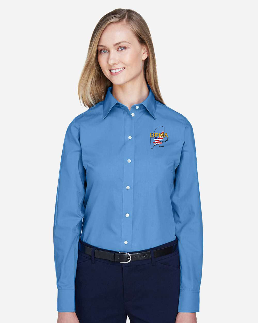 MAINE Logo Embroidered Women's Crown Collection® Broadcloth Woven Dress Shirt