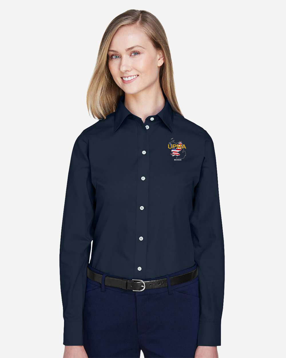 MICHIGAN LOGO Embroidered Women's Crown Collection® Broadcloth Woven Dress Shirt