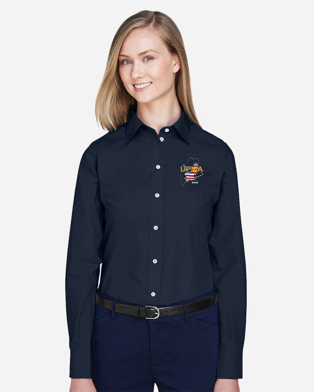 MAINE Logo Embroidered Women's Crown Collection® Broadcloth Woven Dress Shirt